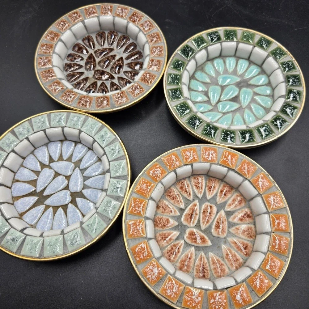 Vtg 4 Piece Mid-Century Modern Mosaic Tile Coaster Dish Hand Crafted Japan
